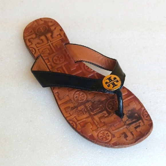 Tory Burch Black and Brown Flat Sandals - Picture 1 of 5
